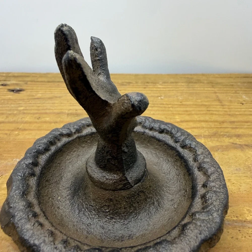 Cast Iron Hand Ring Holder Jewelry Dish Rustic Trinket Tray Dark Brown Decor